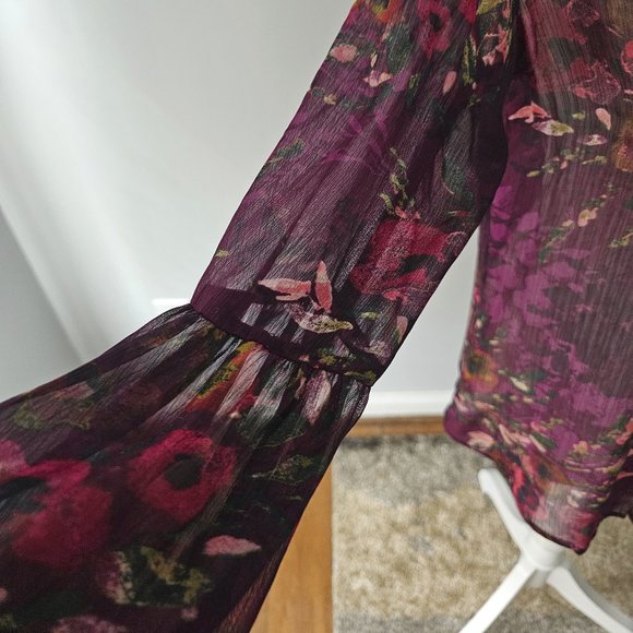 KUT from the KLOTH purple BLOUSE top FLORAL l/s SHEER hi-low BUTTONS - Picture 9 of 12